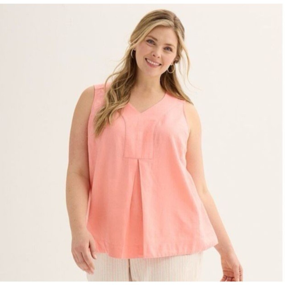 Croft & Barrow Women's XL 14/16 Coral Linen Blend Sleeveless Pleated Front Top